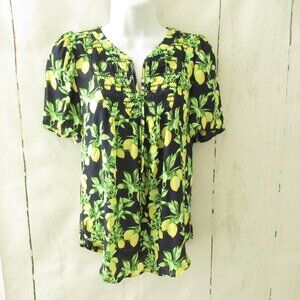 New Ann Taylor LOFT Top XXS Petite Blue Lemon Print Smocked Short Sleeve